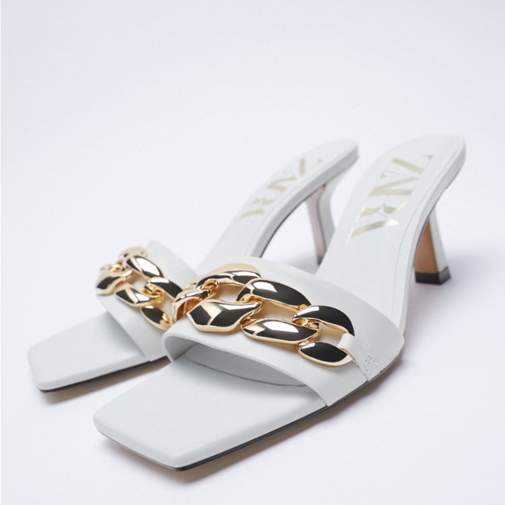 ZARA HIGH HEELED CHAIN SQUARED TOE WHITE SANDALS NEW WITH TAGS US 8 / EUR 39